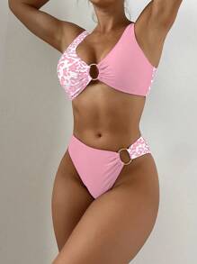 SHEIN Swim 2 Pieces Swimwear With Leopard Print Splicing Design (Printed Pattern Random) For Summer Beach Vacation - Pink - View 1