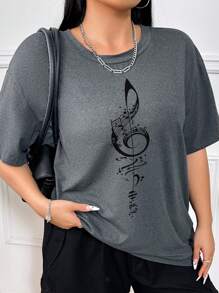 DrmWander Plus Size Note Print Drop Shoulder Tee For Summer For New Year Clothes Graphic Tees Women Tops - Dark Grey - View 3