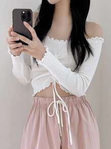 DAZY Off-Shoulder Pleated Form-Fitting Short Women T-Shirt,Off Shoulder Top Going Out Tops - White - View 6