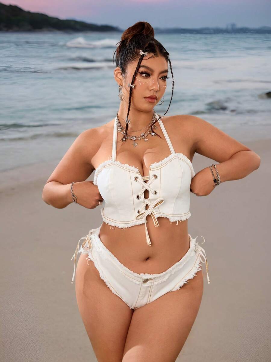 Breezaya Summer Sexy Tie-Up Solid Color Denim Crop Top