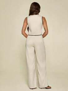 SHEIN Tall Spring And Summer Women's Lace-Up Suit, Contrasting Color Bow, Women's Top & Solid Color Casual Loose Trousers, Women's Two Pieces Set, Daily Casual, Workplace Commuting Wear Ladies' Solid Color Top And Pants Set, Perfect For Vacation/Leisure Time - Apricot - View 2