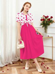 SHEIN 2pcs Heart Print Cami Dress Set For Teen Girls, Valentine's Day
