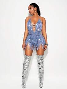 VaVaBold 2025春夏女装新款连体裤，深V，挂脖，大露背，短款，渐变色，流苏珠片，钢珠，适合派对，音乐节，夜店酒吧。 - 彩色 - 查看 5