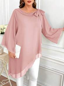Reflora Plus Size Elegant Solid Color Bowknot Asymmetric Hem Blouse
