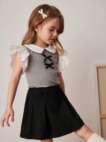 PrepCrw 年轻女孩春夏学院风撞色领/袖 T 恤和迷你裙套装 - 彩色 - 查看 3