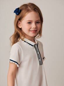 PrepCrw Young Girls Colorblock Ribbon Decor Polo Collar Pleated Hem Dress, College Style For Spring/Summer - White - View 4