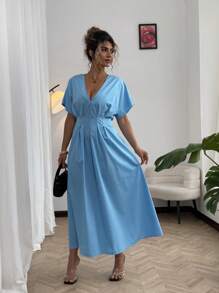 SHEIN Clasi Vestido largo de línea A con cintura para mujer de talla grande en unicolor - Azul - Ver 3