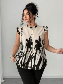 Elenzga Áo sơ mi tay ngắn in hoa cổ bèo nhún cỡ lớn cho nữ, thanh lịch - Màu be - Xem 5