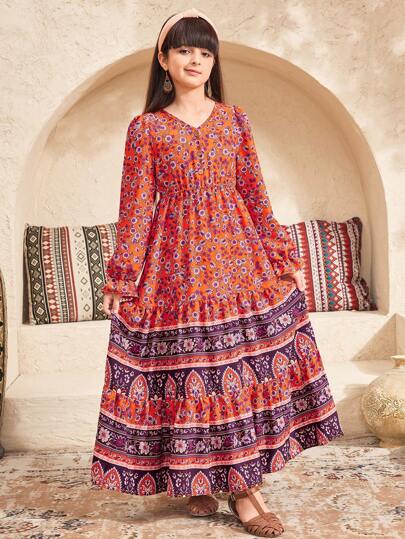 SHEIN Leap Crew 青少年女孩宽松休闲 V 领纽扣装饰长袖连衣裙