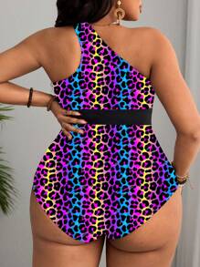 Slaydiva Plus Size Women Leopard Print Asymmetric Shoulder Metallic Accent Sexy One-Piece Swimsuit Swimwear For Summer Beach Vacation - Multicolor - View 2