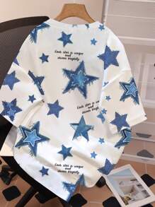 SHEIN 五角星和英文字母印花宽松针织休闲青少年女孩 T 恤，适合夏季 - 彩色 - 查看 2