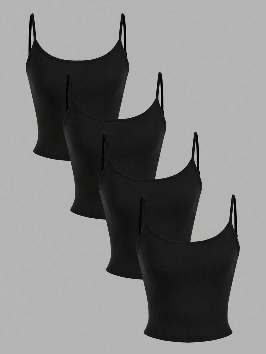 SHEIN EZwear 4 件套女士黑色短款无袖吊带背心，夏季休闲装 - 黑色 - 查看 1