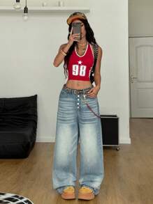 SHEIN Coolane Quần Jeans Ống Rộng Giặt Sạch Đi Chơi Đường Phố Mùa Hè Cho Nữ - Rửa nhẹ - Xem 5