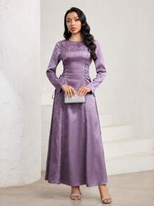 Veilorie Damen Blumen Jacquard Rundhals Langarm Kleid mit Bindung an der Taille, elegant