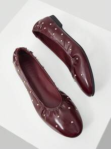 MOTF WOMEN SHOES NEW EUROPEAN AND AMERICAN FASHION PU LEATHER RIVETS INLAID ELASTIC WRINKLED ROUND TOE FLAT SHOES, BURGUNDY VERSATILE ELEGANT SHALLOW MOUTH ONE PEDAL LIGHT NON-SLIP COMFORTABLE ADVANCED FLATS SHOES