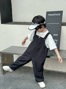 SHEIN Young Boys' Casual Comfortable Solid Color Bib Overall Pants, Versatile For Outing And School - Black - View 1