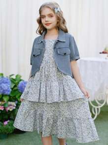 SHEIN 2pcs Tween Girl Denim Jacket And Asymmetrical Hem Ditsy Floral Dress Set, Casual, Elegant, Suitable For Holiday & Outings, Spring/Summer - Multicolor - View 2