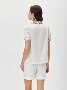 Miaspire Women's Vacation Casual Puff Sleeve Printed Shirt, Fall Women Clothes - Khaki - View 2