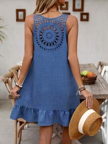 Breezaya Women's Round Neck Woven Textured Lace Patchwork Ruffle Hem Casual Vacation Dress, Spring/Summer - Blue - View 1