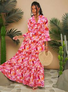 Travachic Tropical Print Chiffon Ruffled Halter Neck Dress, Perfect For Holiday - Red - View 3