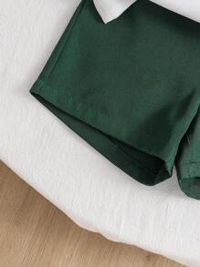 SHEIN 2pcs/Set Baby Boy Eid Mubarak Outfit - Mandarin Collar Short Sleeve Top And Shorts - Green - View 3