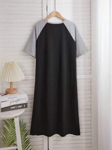 Youth Girls' Simple Black Background Grey Raglan Sleeve Front English Letter Graphic Print Crew Neck Short Sleeve Pajama Set - Black - View 2