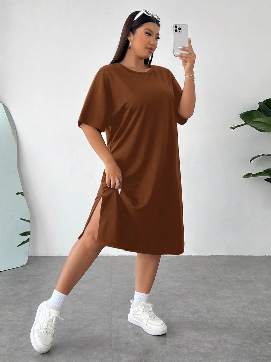 SHEIN EZwear Plus Size Women Brown Basic Casual Solid Color Side Slit Loose Short Sleeve Midi T-Shirt Dress For Summer - Brown - View 1
