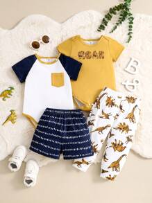 4pcs/Set Baby Boy Casual Dinosaur Print Contrast Color Bodysuit, Patterned Shorts, And Dinosaur Print Pants Set, Suitable For Everyday Wear, Spring & Summer