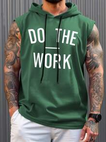 Manfinity Homme Plus Size Men's Slogan Printed Drawstring Casual Hooded Tank Top - Green - View 1