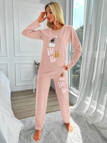 SHEIN Cottnline 女士睡衣套装，长袖圆领上衣和裤子 - 粉色 - 查看 6