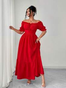 SHEIN Elenzya 优雅大码女式夏装，日常和度假装，露背系带，超大下摆收腰，迷人的 A 字形轮廓，方领 - 紅色 - 查看 6