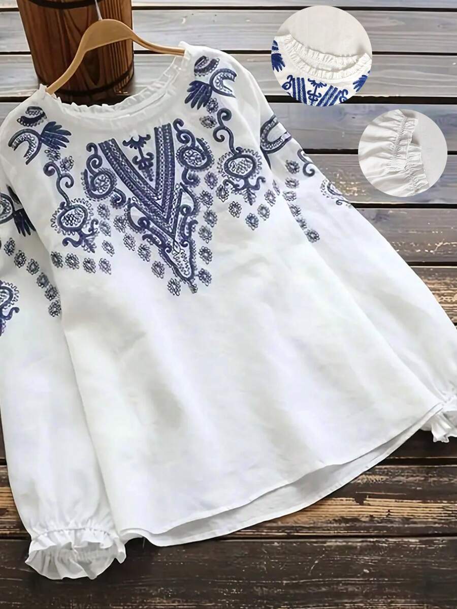 INAWLY 大码图案休闲衬衫，波西米亚风格度假上衣