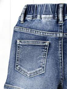 Young Girls Cute Vintage Style Washed Denim Elastic Skinny Soft Comfortable Versatile Casual Girl's Denim Shorts - Medium Wash - View 6