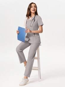 TaskEZ Contrast Color Block Short Sleeve Pants Scrub Uniform Set,Women Tops Summer Work Clothes Women Set Scrub Sets For Women Professional Clothes Women Sets Casual Sets For Women - Light Grey - View 7