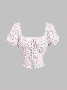 Sweetra Women's New Floral Print Ruffled Collar Bowknot Waist Puff Sleeve Blouse, Girly And Sweet, Suitable For Spring And Summer
