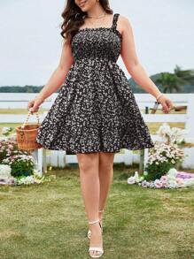 SHEIN Holidaya Vestido de tiras con estampado y volantes para talla grande para ropa de Año Nuevo - Negro - Ver 3