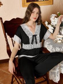 Elegant Lace Trim Color Block Women Pajama Sets - Black - View 4