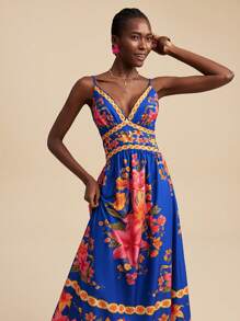 Travachic 女士 V 领印花连衣裙，夏季度假装 - 藏蓝色 - 查看 1