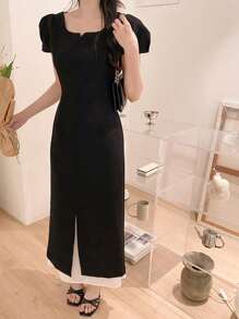 DAZY Elegant Design Color-Blocking Short Sleeve Midi Dress For Women Elegant Sundress