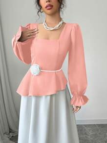 SHEIN Unity Vestido decorado con flores elegante y con bloques de color estilo INS - Rosa - Ver 6