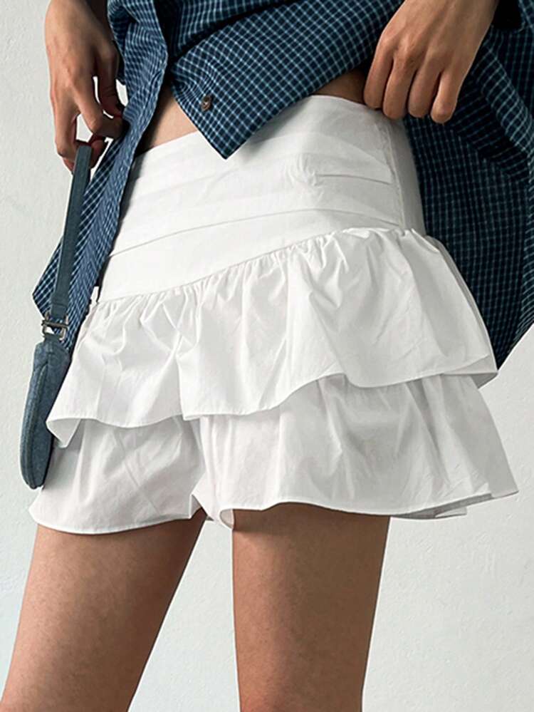 Women's Solid Color Layered Short White Mini Skirt,Ruffle Fall Skirts