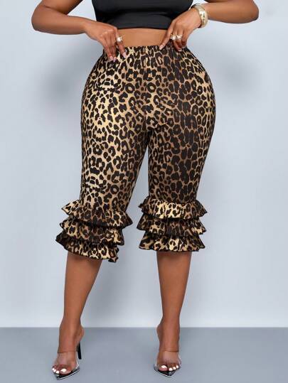 SOLERSUN Plus Size Leopard Print Three Quarter Ruffled Stretch Pants