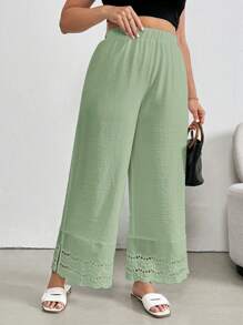 SHEIN Essnce Plus Size Women's Clothing Summer Clothes Summer Tops Fashion Casual Commuting Elegant Work Splicing Lace Linen Pants Petite Dress Pants White Wide Leg Women Pants - Mint Green - View 3