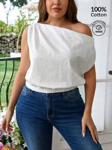 SHEIN Privé 大碼夏季不對稱露肩寬鬆無袖竹棉優雅假期/日常休閒褶皺彈性女士白色襯衫 - 白色 - 查看 2