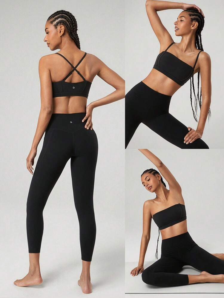 FeatherFit™-Sculpt Level Up Contrast Strip Corset Anti-Slip Cropped Bandeau Tube Top Bra Top Low Impact Yoga Pilates Daily Active Wear Removable Cups