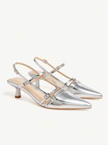 CUCCOO CHICEST Silver Color Retro Buckle Closure Pointed Toe Stiletto Heels, Elegant Ankle Strap Mid-Heel Pumps For Women