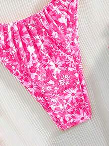 Swim Vcay Tropical Plant Print Reversible Ruched Bust Wireless Sexy Ladies' Bikini 2Pcs Set For Summer Beach Vacation - Pink - View 8