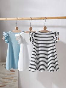 3pcs Girls' Summer Casual Vacation Knit Dress Set,Navy Blue And White Striped & Solid Color,Lightweight Stretchy Short Ruffle Sleeve Regular Style - Multicolor - View 3