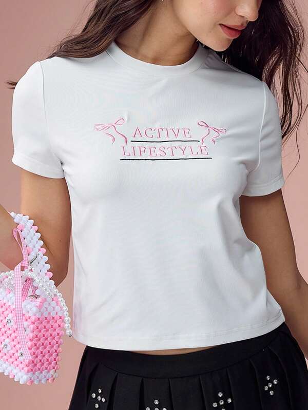 Enchnt Spring/Summer Romantic Women Round Neck Short Sleeve Letter Embroidery Casual White T-Shirt,Casual&Comfortable For Birthday&Holiday Party&Sweet Date&Daily Commuting&Vacation&Wedding Season Essential,Summer Versatile Outfits For Women