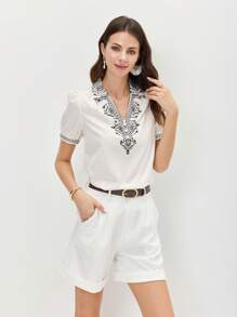 Miaspire Women's Vacation Casual Puff Sleeve Printed Shirt, Fall Women Clothes - Khaki - View 4